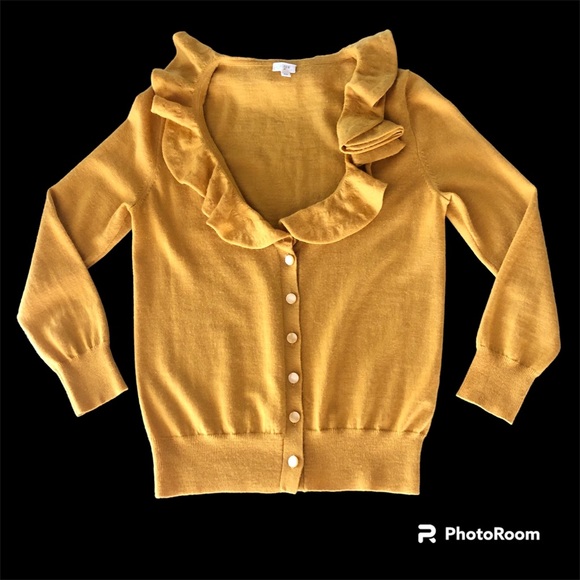 J CREW Factory Mustard Yellow/Gold Wool Ruffle Collar Cardigan Sweater - Picture 6 of 13